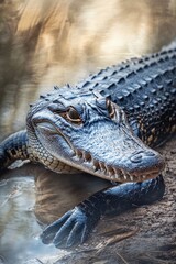 Obraz premium crocodile resting on riverbank with its rough scales catching light and water softly blurred behind