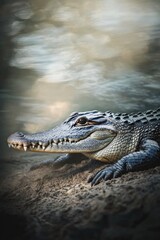 Fototapeta premium crocodile resting on riverbank with its rough scales catching light and water softly blurred behind