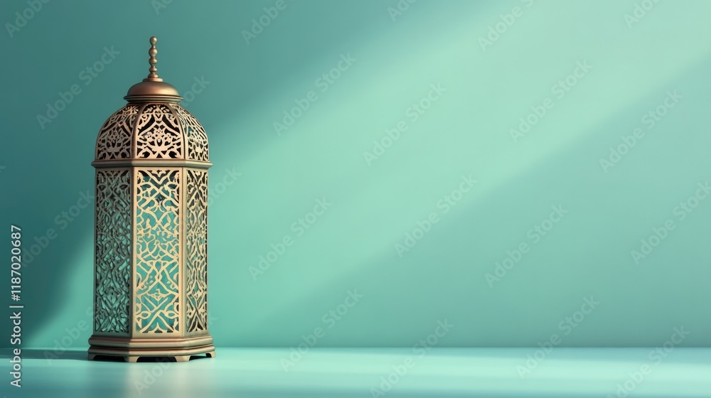 Poster decorative lantern with intricate patterns standing alone on smooth teal surface