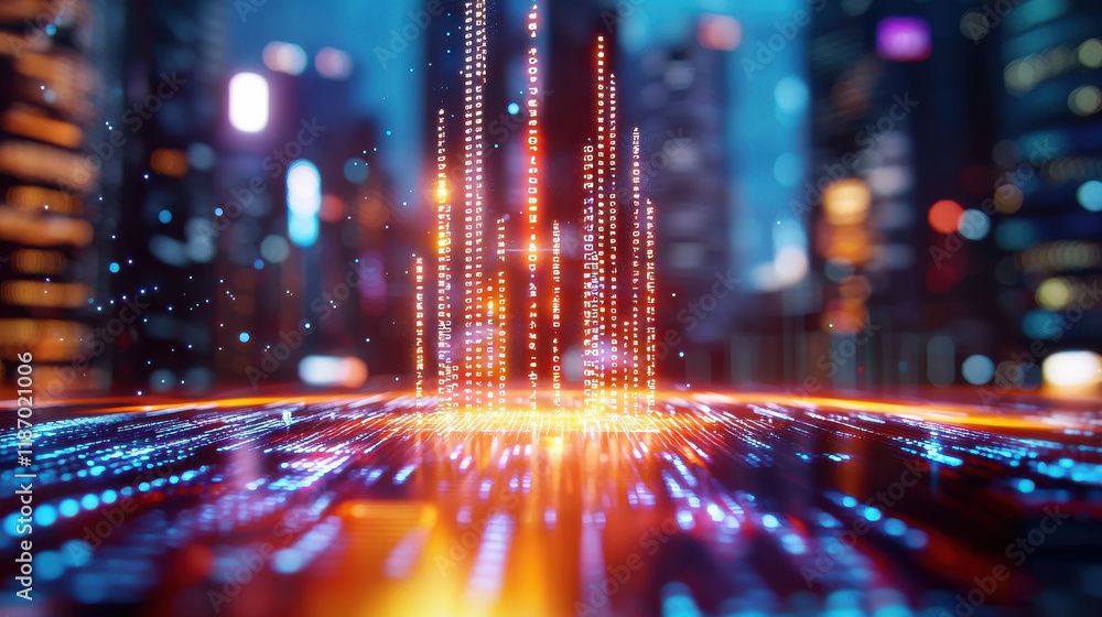 Poster vibrant digital landscape showcasing glowing data streams and city lights, representing technology a
