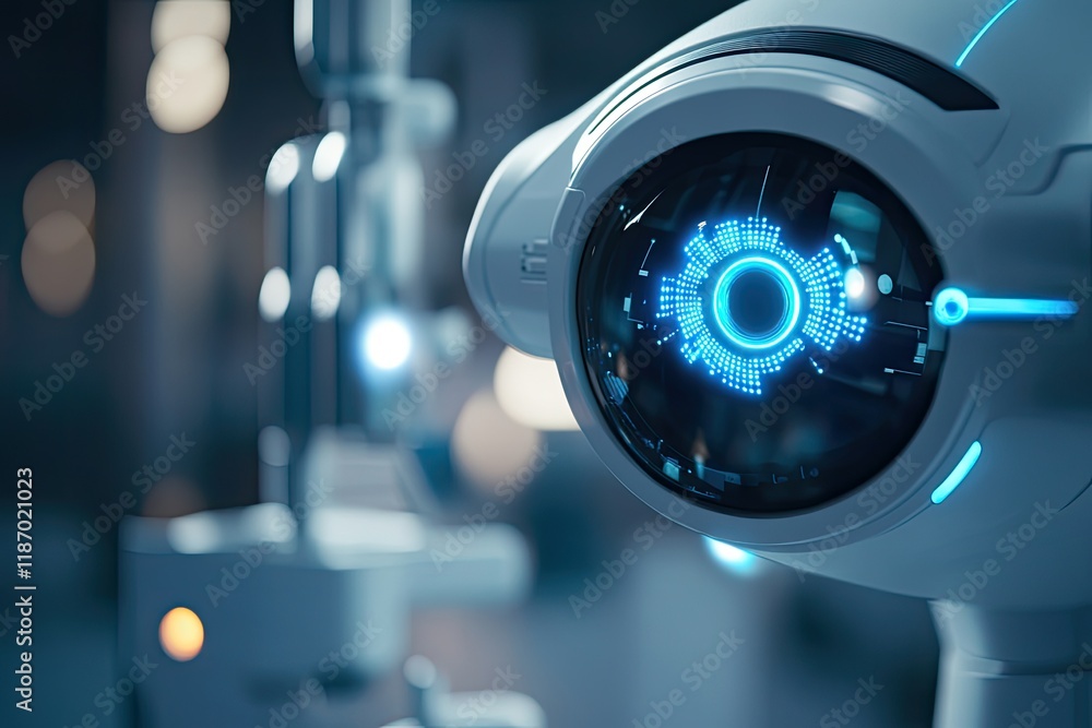 Poster detailed view of ai-powered device scanning eye with glowing blue lights showcasing advanced recogni