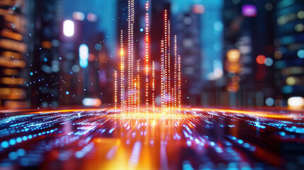 Fototapeta premium vibrant digital landscape showcasing glowing data streams and city lights, representing technology and innovation in urban environments