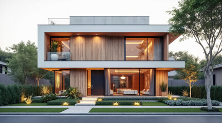 Fototapeta premium contemporary two-story house with wood white accents