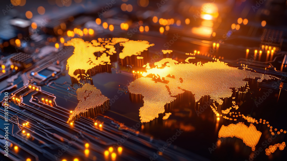 Poster Cinematic visualization of glowing world map on circuit board, showcasing technology and connectivity. vibrant colors create dynamic and engaging atmosphere