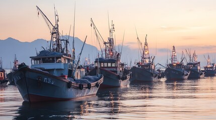 Fototapeta premium Fishing Boats Docked at Sunset Harbor Scene