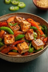 dynamic presentation of stir-fried tofu and vegetables served in rustic bowl with bold colors and textures leaving