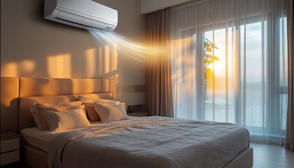 Air conditioner cools bedroom at sunrise. Ideal for blogs, websites, and advertising related to home comfort and climate control.