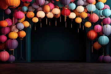 Urban lunar new year celebration with decorative lantern archway