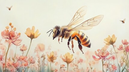 Watercolor painting, honeybee in flight, wildflower meadow, soft pastel colors, dreamy atmosphere, delicate brush strokes, ethereal landscape, pollination scene, nature illustration, misty background,