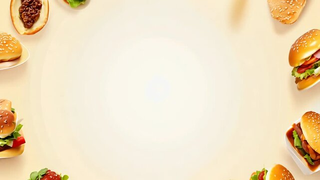 Frame of rotating hamburgers and sandwiches presenting fast food advertising background.