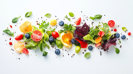 Top-Down Deconstructed Salad with Floating Ingredients on Clean White Background
