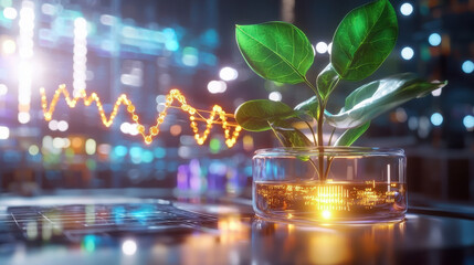 futuristic plant in glass container symbolizes innovation in medical research, showcasing glowing data and vibrant greenery in high tech environment