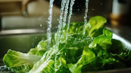 Fresh Lettuce Under Running Water in Kitchen Sink