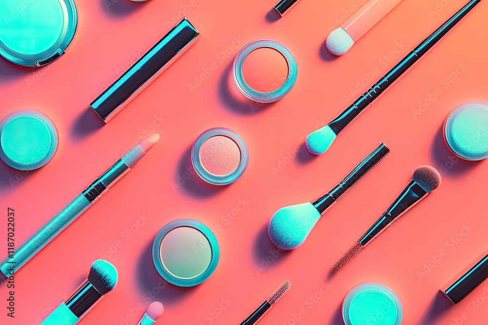 Aufkleber flat lay of glowing makeup items arranged in geometric pattern on coral gradient background