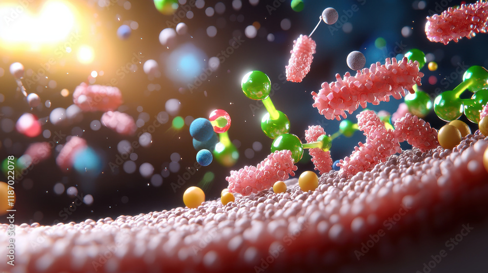 Leinwandbilder vibrant visualization of molecular biotechnology showcasing colorful molecules, bacteria, and particles in dynamic environment. This captures essence of scientific exploration and innovation