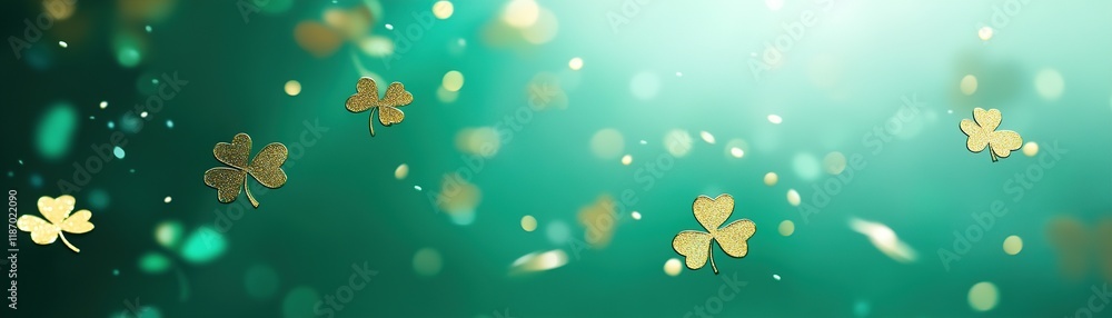 Poster shimmering golden shamrocks cascade gently against a vibrant emerald gradient backdrop, creating a f