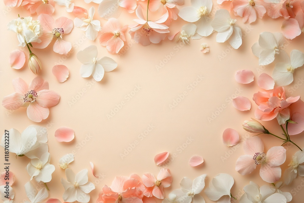 Poster soft pastel background with delicate pink and white flowers creating a serene and inviting atmospher