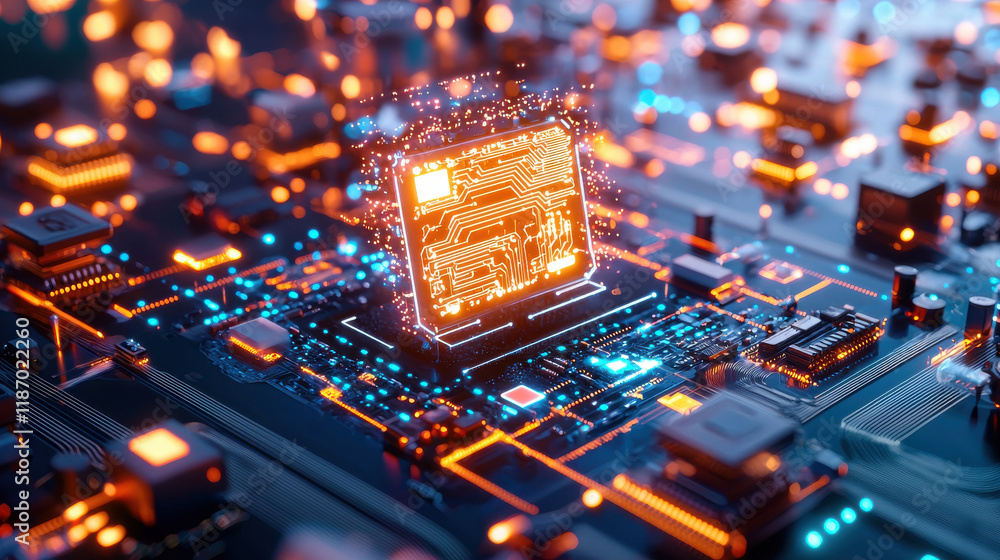 Aufkleber vibrant microchip illuminated with glowing circuits on circuit board, showcasing advanced technology and artificial intelligence. intricate details create futuristic atmosphere