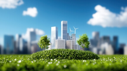 Obraz premium city skyline with sustainable infrastructure, featuring green spaces, wind turbines, and modern buildings, symbolizes eco friendly urban development