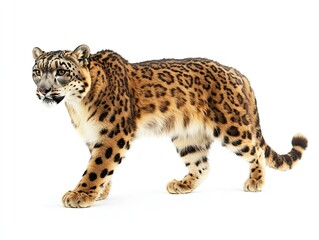 Majestic snow leopard walking, isolated on white, wildlife photography, for nature documentaries.
