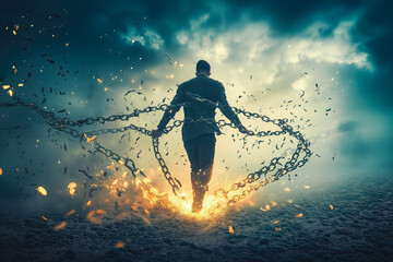 man breaking chains to become free and independent