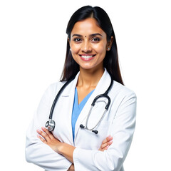 Smiling Indian female doctor with stethoscope, professional medical portrait, healthcare worker in white coat, confident woman physician, clinical setting, compassionate medical professional photo