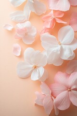 Soft pastel background featuring delicate pink and white flowers with flowing petals in a minimal design, ideal for adding personalized text