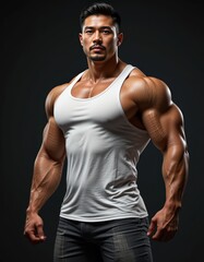 A Striking Portrait of a Muscular Asian Man:  A Powerful Display of Strength, Fitness, and Masculinity in a Studio Setting