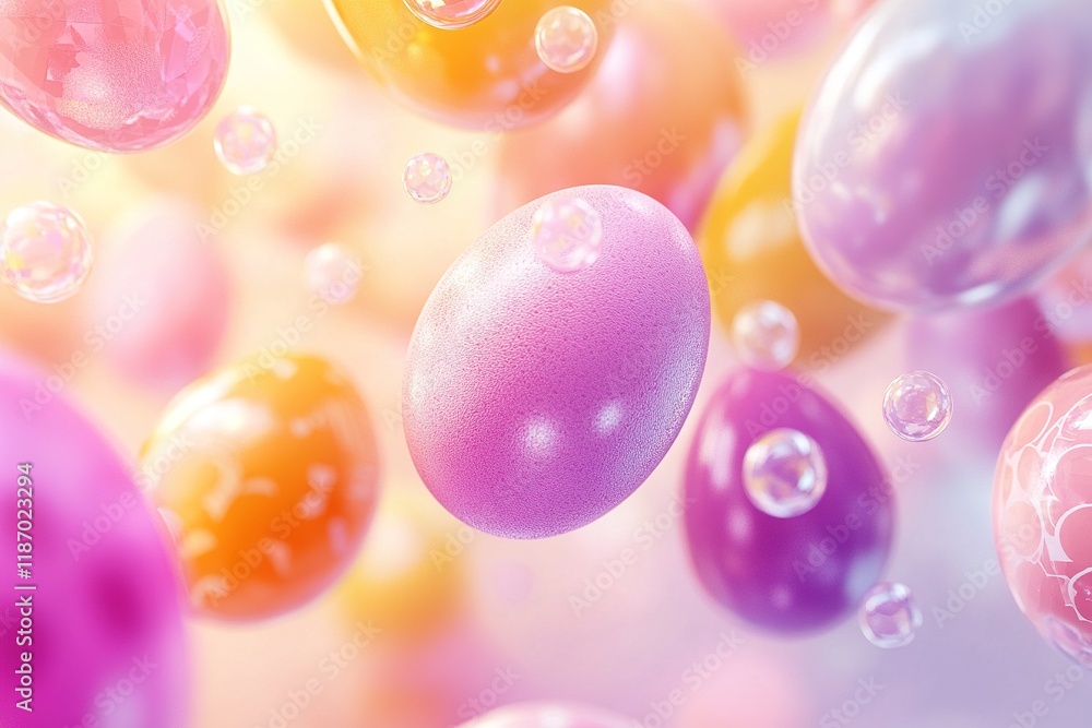 Poster soft pastel gradient background with floating 3d easter eggs in vibrant colors and patterns for fest