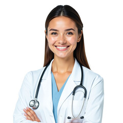 Portrait of beautiful young female doctor smiling, stethoscope on transparent background PNG, confident healthcare professional, medical worker in white coat, isolated medical portrait, healthcare and