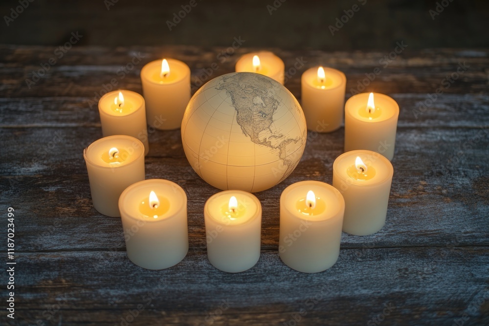 Poster group of unlit candles arranged in shape of globe on rustic wooden surface with soft natural lightin
