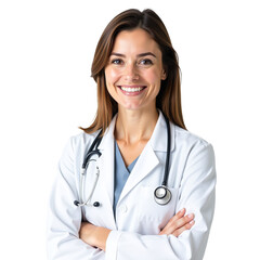 Smiling female doctor with stethoscope, modern portrait on transparent white background, confident medical professional in white coat, isolated healthcare image for clinical and medical design project