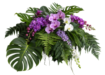 Tropical vibes plant bush floral arrangement with tropical leaves Monstera and fern and Vanda orchids tropical flower decor on tree branch liana vine plant isolated on white background
