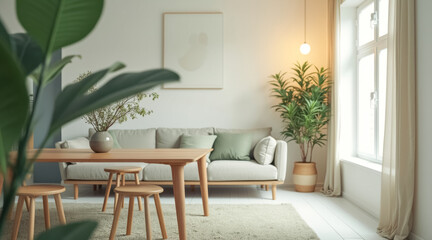 Fototapeta premium light airy living room with wooden table neutral sofa