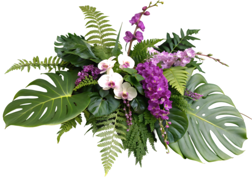 Tropical vibes plant bush floral arrangement with tropical leaves Monstera and fern and Vanda orchids tropical flower decor on tree branch liana vine plant isolated on white background