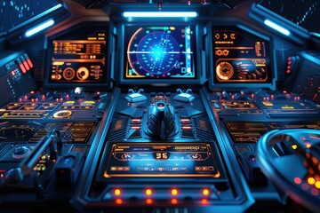 Futuristic cockpit with advanced controls and displays for navigation and operation.