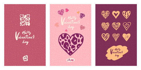 A set of postcards for Valentine's Day. Minimalistic design with various hearts. Vertical, hand drawn.