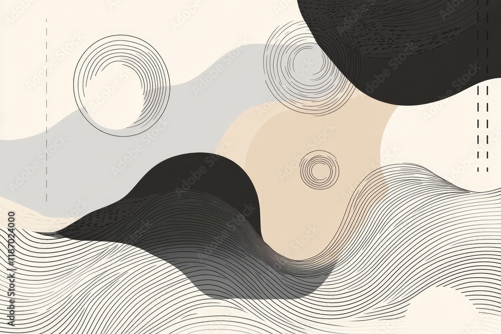 Poster minimalist design featuring abstract circles and wavy lines creating harmonious flow on monochrome b