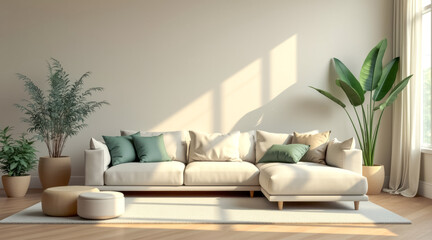 beige sectional sofa with green pillows sunlit living room