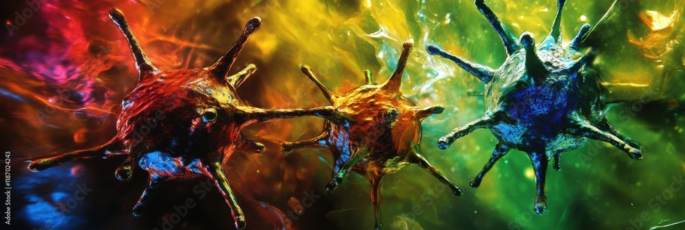 Poster colorful depiction of antibodies engaging in combat against a virus showcasing the immune response m