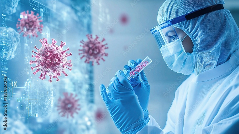Aufkleber scientist analyzing virus samples on monitor with digital graphics