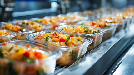 Obraz premium Prepared food containers on a conveyor belt