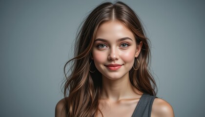 Portrait of a Young Woman with Long Brown Hair and a Gentle Smile: A Stunning Close-up Studio Photograph Showcasing Natural Beauty and Confidence