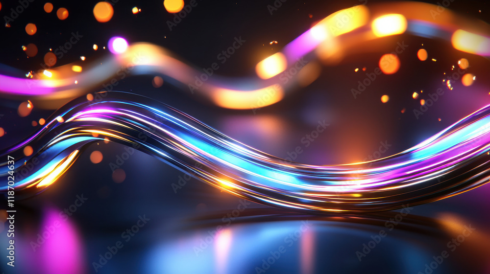 Poster dazzling abstract of neon colors glowing against dark background, featuring flowing lines and vibrant bokeh effects that create mesmerizing visual experience