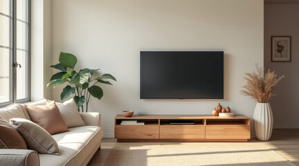modern living room with beige couch wall-mounted tv