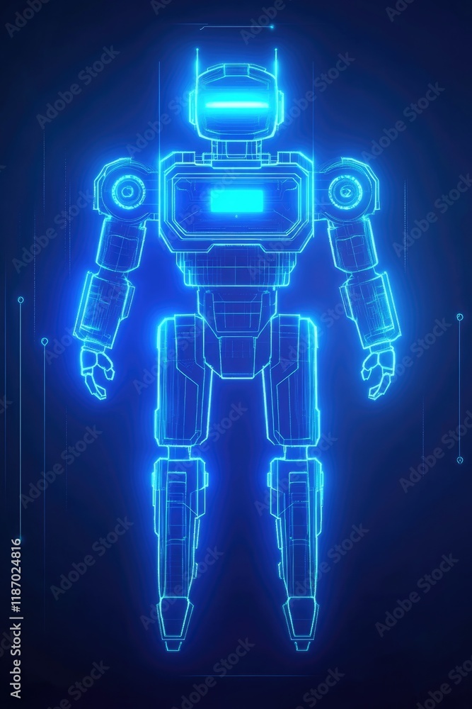 Poster minimalistic robot icon outlined in glowing blue placed against clean gradient background