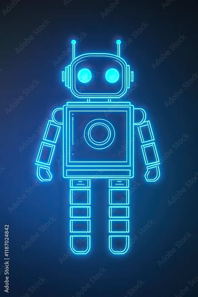 Poster minimalistic robot icon outlined in glowing blue placed against clean gradient background