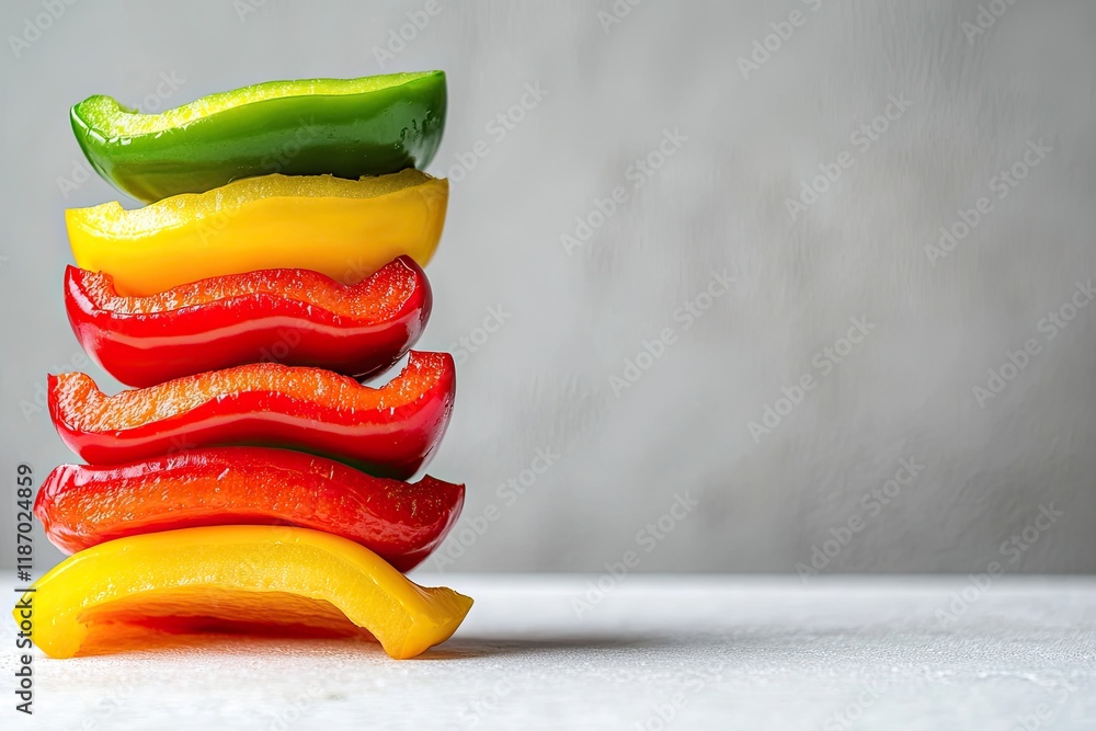 Poster neatly stacked row of sliced bell peppers in red yellow and green on clean white surface with ample 