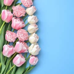 Fototapeta premium Delicate Pink and White Tulips on Blue Background Spring Floral Design