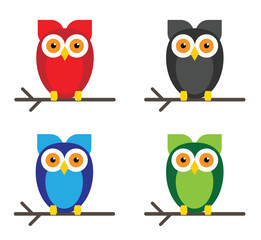 Funny Owl on Tree Branch Different Colors Set. Animals, birds and wildlife concept vector art